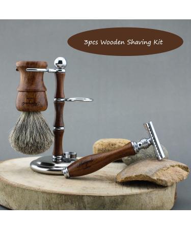 Haryali London Shaving Kit - 3 Pc Wooden Set with Double Edge Razor, Super Badger Brush & Stand - Sustainable Gift Set - Buy Online on GoSupps.com