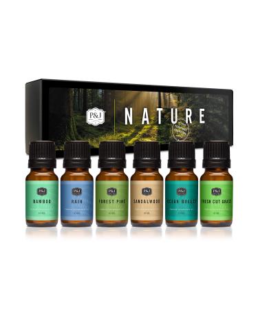 Nature Set of 6 Premium Grade Fragrance Oils - Forest Pine, Ocean Breeze, Rain, Fresh Cut Grass, Sandalwood, Bamboo - 10ml
