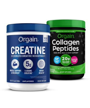 Orgain Creatine Monohydrate Powder 17.64 Oz (100 Servings) & Collagen Peptides Powder 1lb (20g Grass Fed) Bundle - Unflavored Non-GMO Supplements for Muscle Brain Skin & Joint Support
