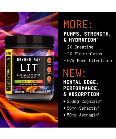 BEYOND RAW LIT V2 Clinical Strength Pre Workout Powder Hits Harder Bigger Pumps Caffeine L-Citrulline Creatine Gummy Worm 30 Servings Gummy Worm 30 Servings - V2 - Buy Online on GoSupps.com