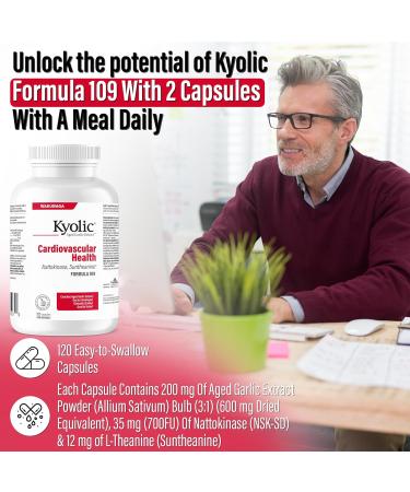 Kyolic - Cardiovascular Health Formula 109 120 Capsules - Reduce Elevated Blood Lipid Levels in Adults - Source of Antioxidant - Combination of Nattokinase and Suntheanine with Aged Garlic Extract 120 count (Pack of 1) - Buy Online on GoSupps.com