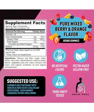 Helix Heal Prebiotic Fiber Gummies for Adults - 5g Fiber per Serving (Chicory Root/Inulin) Digestive Health & Regularity Support Orange & Mixed Berry Flavor 3 Gummies/Serving 60CT - Buy Online on GoSupps.com