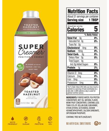 Super Coffee Keto Plant Based Coffee Creamer - 0g Sugar, 1g Protein, 5 Calories - Toasted Hazelnut Flavor - 25.4 Fl Oz (Pack of 3) - Buy Online on GoSupps.com