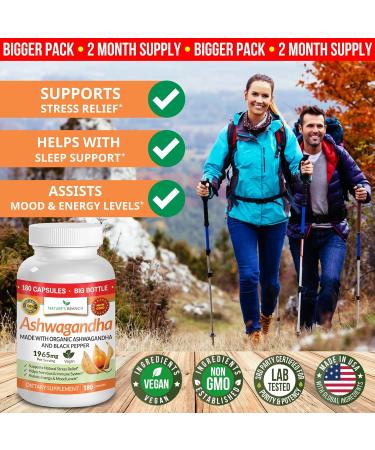 Organic Ashwagandha with Black Pepper - 180 Capsules - 1950mg Maximum Strength | Stress, Mood & Thyroid Support | Energy & Hair Health | Vegan Supplement - Buy Online on GoSupps.com