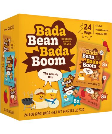 Bada Bean Bada Boom Plant-Based Protein Gluten Free Vegan Crunchy Roasted Broad (Fava) Bean Snacks 100 Calorie Packs The Classic Box Variety Pack 1 Ounce (24 Count)