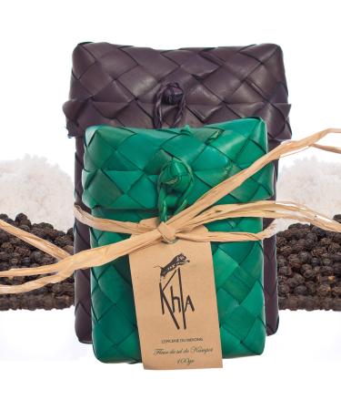 Khla - Organic Black Pepper & Kampot Salt Flower Duo - Pepper Grains & Salt 2x 100g - Traditional Palm Leaf Gift Cases - Grands Cru - Cooking Ingredient - Asian Spices - Cambodia Origin
