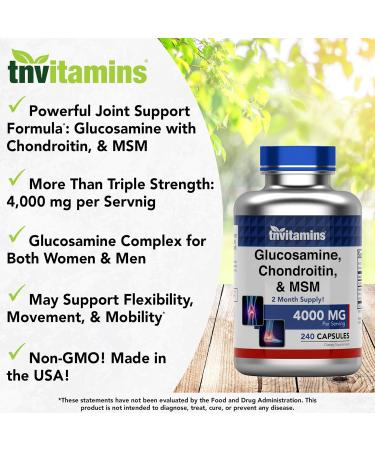 tnvitamins Glucosamine Chondroitin MSM Capsules 240 Count | 4 000 mg Per Serving | 2 000 mg Glucosamine Sulfate 2KCl + 2 000 mg MSM & Chondroitin Blend | Joint Support Supplement - Buy Online on GoSupps.com