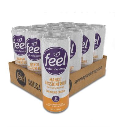 FEEL Sparkling Mango Passionfruit Natural Energy Drink, Zero Sugar Healthy Energy Drink, L-Theanine, Green Coffee Bean Caffeine Beverage, 12 oz. (Pack of 12)