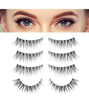 Siligli Cat Eye False Eyelashes with Extra Thin Band 12mm Short Wispy Lashes Natural Look Soft Fake Eyelashes 3D Volume Fluffy Lashes Pack Faux Mink Eyelashes 4 Pairs Cat Natural 12mm 222