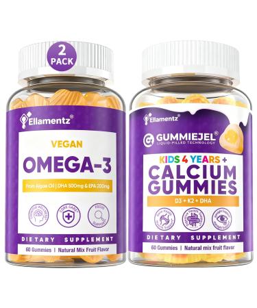 2 Pack Omega 3 Gummies + 1 Pack Kid Calcium Gummies 300mg Calcium Citrate + Vitamin D3 K2 MK-7