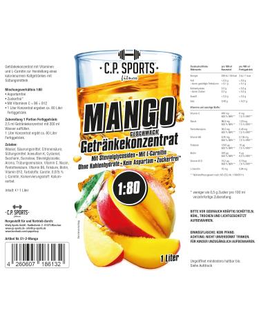 C.P.Sports Sugar-Free Beverage Concentrate 1:80 - 80L Fitness Drink with L-Carnitine & Vitamins - Mango Flavor + Dosing Pump - Buy Online on GoSupps.com