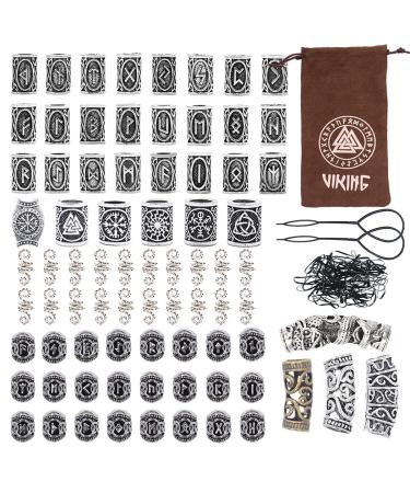 81Pcs Hair Tube Beads Norse Vikings Runes Hair Beard Beads for Bracelets Pendant Necklace DIY Braiding Beads for Hair Braids Viking Beads Kits(Include 2Pcs Pull Hair Pin & Viking Suede Bag) 81Pc Beads