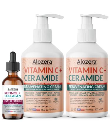 Alozera Vitamin C Body Lotion (2-Pack) and Retinol Collagen Serum with Ceramides and Stem Cells Hydrating and Firming Skincare Duo for Face Neck and Body Lightweight Fragrance-Free Made in USA