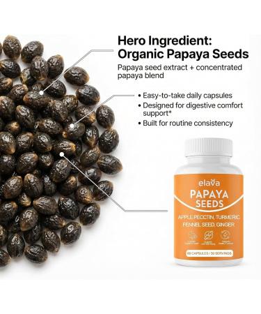 Elava Papaya Seed Capsules Papaya Seeds Organic Digestive Herbal Blend with Turmeric Ginger Peppermint & Fennel Non-GMO Gluten & Lactose Free 60 Capsules 1 - Buy Online on GoSupps.com