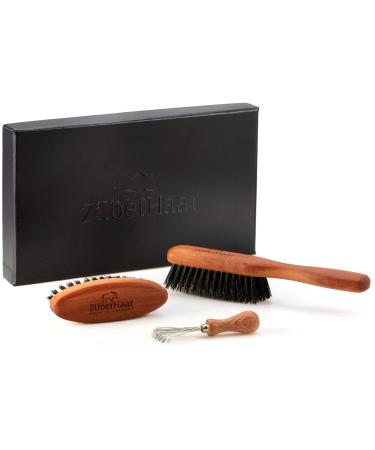 ZilberHaar - Beard Brush Grooming Kit for Men - 1 Beard Brush + 1 Pocket Brush + 1 Brush Cleaner Tool - Stiff Boar Bristles and Pearwood - Medium to Long Thick Beards - Distributes Balm & Oil
