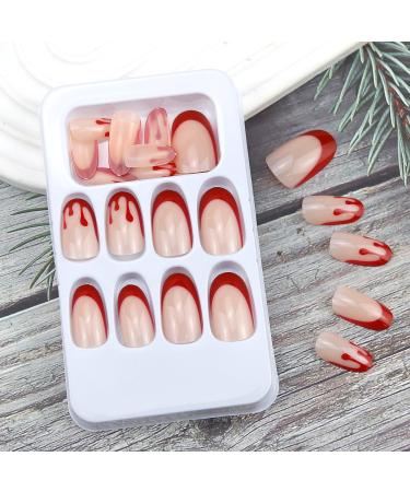 Shop Halloween Press on Nails - Medium Length Horror Bloody Fake Nails | Red French Tips Coffin Full Cover with Glue | 24Pcs for Halloween Party - Buy Online on GoSupps.com