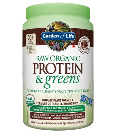 Garden of Life Raw Organic Protein & Greens - Chocolate 610.0 Gram Chocolate. Packed with 20g of protein 6 veggies and 1g sugar. A delicious protein boost from organic sprouted brown rice organic pea & organic chia plus a blend of nutrient-rich greens. Gl