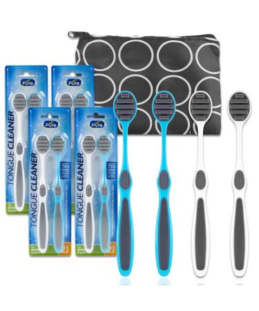 Tongue Brush Disposable for Adults Kids - Oral Hygiene Tongue Scraper 8 Pack Bundle Plastic Tongue Scrapers for Tongue Hygiene BPA Free Plus Pouch | Tongue Cleaner Bulk for Adults