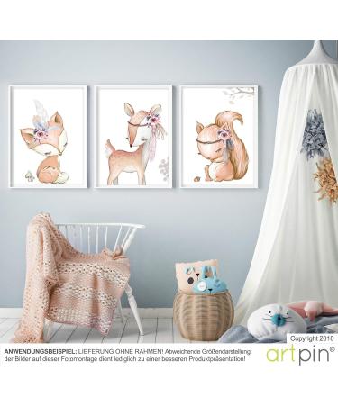 Baby Forest Animals Girl Set - Set of 3 DIN A4 Posters for Children's Room Decor - Cute and Whimsical Wall Art Prints - P34 - Buy Online on GoSupps.com