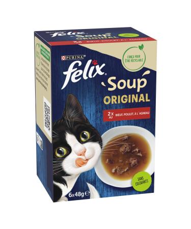 FELIX Soup Original | Adult Cat | Selection of Beef Chicken and Lamb | Pack of 8 | 6 x 48g | Soup Bag
