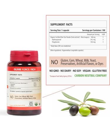 Organic Olive Leaf Extract Capsules Olivie Force/Rich | Antioxidant Polyphenol Supplement for Adults | Health Support Supplement | 100 Vegetal Capsules 100 Count (Pack of 1) - Buy Online on GoSupps.com