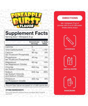 Basic Hydration Electrolyte Drink Mix 1800mg Total Electrolytes 6 Essential Minerals 2:1 Sodium Potassium Ratio 0 Sugar Vegan & Gluten Free 20 StickPacks Pineapple Burst 20 StickPacks - Buy Online on GoSupps.com
