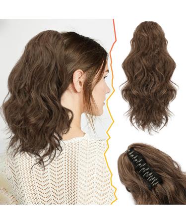 BARSDAR 14'' Wavy Ponytail Extension Claw Clip Short Curly Wavy Ponytail Hair Extensions Brown Mix Synthetic Clip in Fake Pony Tails Hairpieces for Women Daily Party (Brown & Auburn) 14 Inch (Pack of 1) Brown & Auburn Blonde Mixed