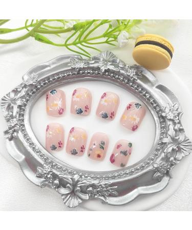 Square Press on Nails - Short Flower Design Glossy Fake Nails | 24 Pcs Nude Full Cover Acrylic Stick-On Nails for Women - Buy Online on GoSupps.com