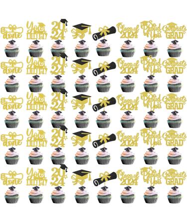 40Pcs Gold Graduation Cupcake Toppers 2024 Glitter Class of 2024 Cupcake Toppers 2024 Congrats Grad Cap Diploma Cupcake Picks for Graduation Party Decorations 2024
