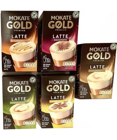 multiple Mokate Gold Premium Latte Selection of 5 flavours Caramel Classic Irish cream Vanilla Macchiato 5x 10 Sachets - Buy Online on GoSupps.com