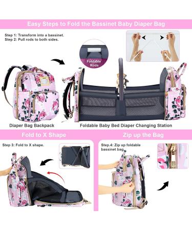 Motababy Floral Diaper Bag Backpack with Changing Station  Detachable Foldable Baby Bed for Bady Toddler  3 in 1 Large Capacity Newborn Essentials Organizer with Stroller Hook for Girls and Boys(Pink) - Buy Online on GoSupps.com
