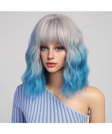 Buy Haircube Short Bob Wig with Bangs - Heat-Resistant Synthetic Fiber in Light Gray Ombre Blue for Party Cosplay & Daily Wear - Buy Online on GoSupps.com