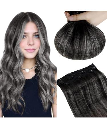 Runature real hair Extensions clip ombre black balayage silver 40cm 3pcs clip in extensions real hair ombre black with silver smooth extensions real hair clip straight #1b/s/1b 50g 40cm-3Pcs New #1b/silver/1b