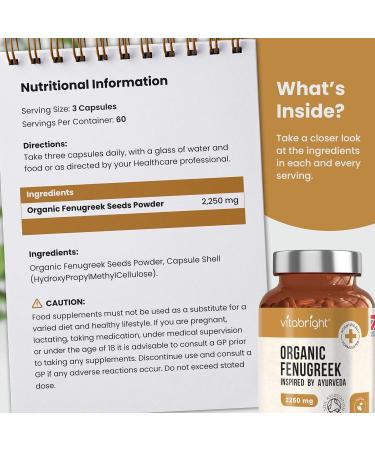 Organic Fenugreek Capsules 2250mg - 180 Capsules - Vegan - Supports Blood Sugar & Cholesterol - Made in UK - Buy Online on GoSupps.com