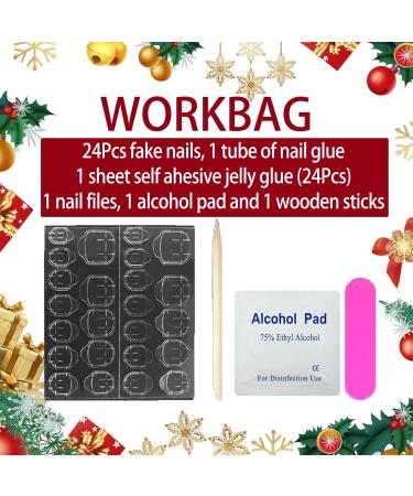 24 Pcs Wine Red Elk Christmas Day False Nails - Full Cover Square Stick on Nails with Glue for Women and Girls Nail Art - Buy Online on GoSupps.com