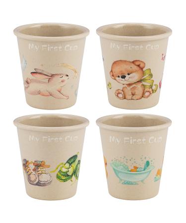 Bamboo Cups for Kids - Set of 4-4 oz Bamboo Cups with Adorable Childrens Art - Kids Cups for Drinking - Bathroom Cups  Toddler Smoothie Cup - Eco Friendly Shatter Proof BPA Free Open Child Cup