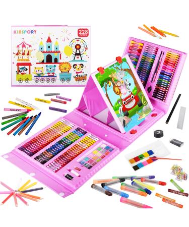 KINSPORY Art Supplies 228 Pack Art Sets Crafts Drawing Coloring kit Double-Side Trifold Art Easel Oil Pastels Crayons Colored Pencils Creative Gift for Beginners Artists Girls Boys Kids (Pink) Pink 228PC - Buy Online on GoSupps.com