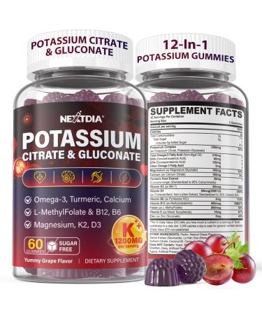 Potassium Citrate and Potassium Gluconate Supplement, 1200mg Two Forms of Potassium Gummies, w/Magnesium, Omega-3, Calcium, Vitamin D3 K2 B12 E B6, Folate for M , Nerves, Health Bones, 120Cts 60 Count (Pack of 2)