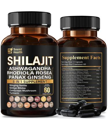 Sound Health Plus Shilajit Complex Capsules with Ashwagandha Rhodiola Ginseng & Cordyceps | 8-in-1 Herbal Supplement | 60 Veggie Capsules