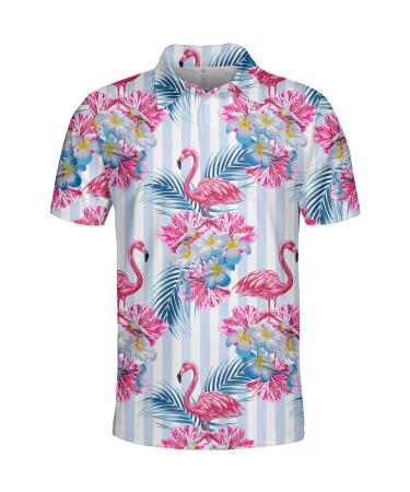 Tropical Flowers Palm Pink Flamingos Polo Shirts for Men Women Men's Golf Shirts Short Sleeve, Lightweight Bowling Polos Multi Color X-Large