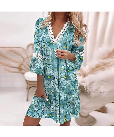 Women's Boho Floral Printed Lace Dress Loose V Neck 3/4 Sleeve Mini Beach Spring Summer Dresses for Women 02 X-Large - Buy Online on GoSupps.com