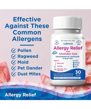 CalmCo Adult Allergy Relief with Diphenhydramine HCl 25 mg - Chewable Antihistamine for Sneezing Runny Nose & Itchy Eyes Nighttime Allergy Medicine for Ages 12+ Fantasy Fruit Flavor 30 Count - Buy Online on GoSupps.com