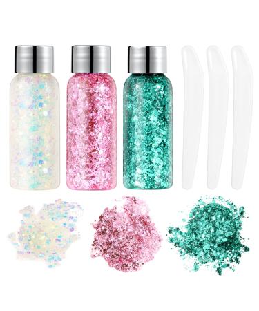 URAQT Body Glitter Gel 3Pcs Holographic Mermaid Sequins Glitter Chunky Cosmetic Glitter Face and Body Gel Sparkling Festival Party Lotion Glitter for Face Body Eye Hair Nail Makeup and DIY Art (B) White & Pink & Green