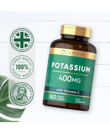 Potassium Supplement 400mg with Vitamin C 100mg | 180 Vegan Tablets | Supports Blood Pressure, Muscle and Nervous System Function | Immune System Boost | by Carlyle - Buy Online on GoSupps.com
