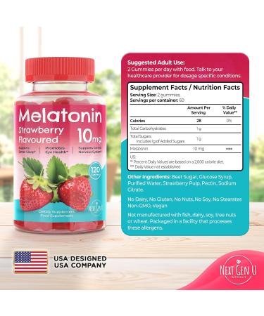 Melatonin Gummies - 10 mg Dietary Supplement - Strawberry Flavored - 120 Vegan Gummies - by NextGenU 1 Count (Pack of 120) - Buy Online on GoSupps.com
