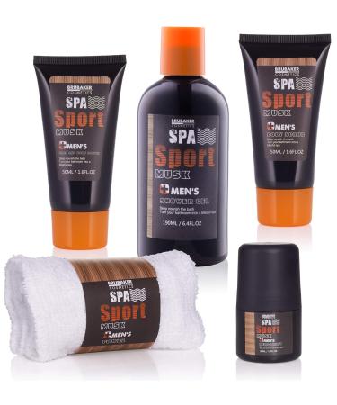 Brubaker Men's Spa Gift Set - 5-Piece Musk Care Set with Shower Gel Deodorant Body Lotion & Washcloths in Premium Gift Box - Buy Online on GoSupps.com