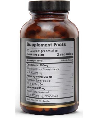 Energy Mushroom Supplement - Cordyceps Ashwagandha & Guarana | 3X More Mushrooms for Energy & Stamina | 60 Capsules - Buy Online on GoSupps.com