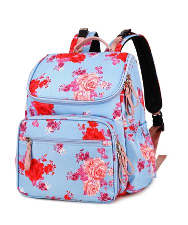 Loradi Large capacity winding bag backpack with a streak clips water-repellent travel backpack with anti-theft bag blue-rose blossom