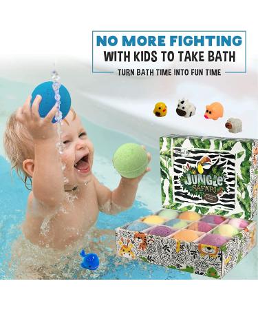 Kids Bath Bombs with Jungle Animal Toys - Set of 12 Organic Fizzies for Gentle & Safe Spa Fun | Birthday Gift for Boys & Girls - Buy Online on GoSupps.com