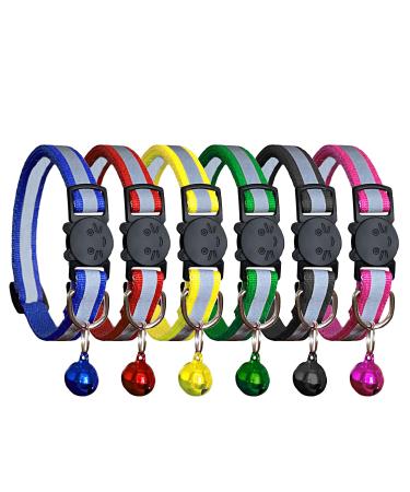 PACCOMFET FUNPET 6 Pcs Breakaway Cat Collar with Reflective Nylon Strip and Bell, Safe and Durable 6PCS